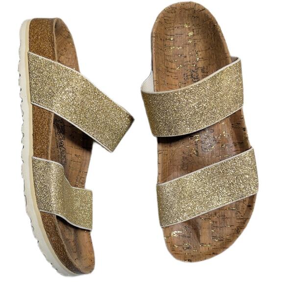 Birkenstock Birki's Gold Glitter Double Strap Cork Footbed Slide Sandals 36 5 N - Picture 1 of 6